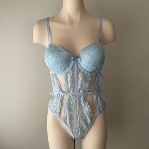 Body Rage Lace Teddy Bodysuit Sexy Gstring Lingerie One Piece Baby Blue XL